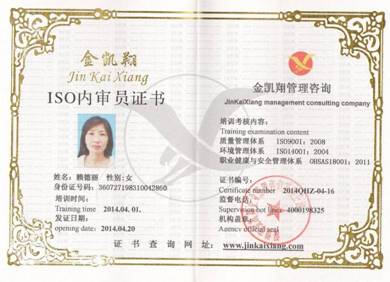 金凱翔IOS內審員證書